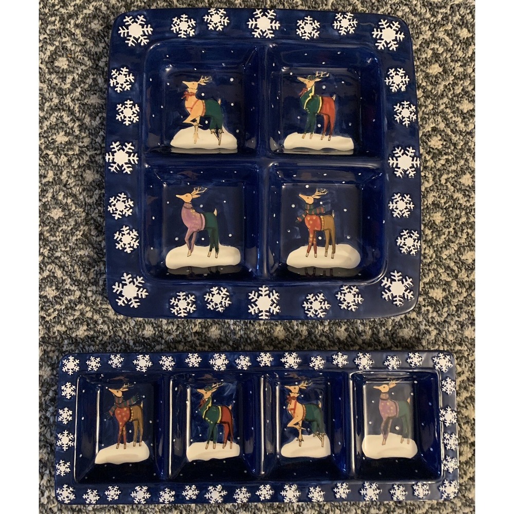 CIC Certified International Rebecca Ruegger Ceramic Reindeer Christmas Tray Set